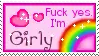 ID: Web stamp with pink hearts and a sparkly rainbow, that says "Fuck yes, I'm Girly" in a curly font. End ID.