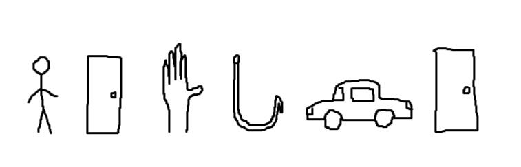 ID: Simple MS Paint drawing of a row of symbols depicting the popular meme: man, door, hand, hook, car, door. End ID.