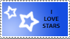 ID: Web stamp of white star shapes on a blue background that says "I love stars." End ID.